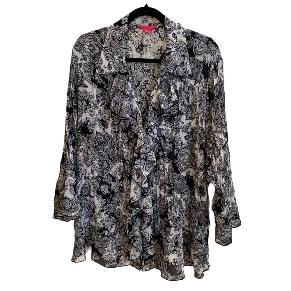 🖤♥️🤍 Sunny Leigh Macy’s Lightweight Crinkly Ruffles Buttons Feminine Romantic - Picture 9 of 13